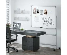 HOMCOM Magnetinė lenta 120 x 90 cm Dvipusė magnetinė lenta su stovu, ratukais, 6 žymekliais ir 1 trintuku, 360° pasukama, 3 pakopų reguliuojama magnetinė lenta biurui, namams