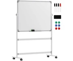 HOMCOM Magnetinė lenta 120 x 90 cm Dvipusė magnetinė lenta su stovu, ratukais, 6 žymekliais ir 1 trintuku, 360° pasukama, 3 pakopų reguliuojama magnetinė lenta biurui, namams