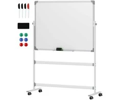 HOMCOM Magnetinė lenta 120 x 90 cm Dvipusė magnetinė lenta su stovu, ratukais, 6 žymekliais ir 1 trintuku, 360° pasukama, 3 pakopų reguliuojama magnetinė lenta biurui, namams