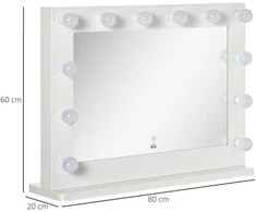 HOMCOM Holivudo stiliaus veidrodis su apšvietimu, jutiklinis jungiklis, 12 pritemdomų LED lempučių, 80x60cm, atminties funkcija, baltas