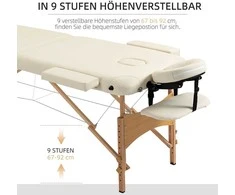 HOMCOM masažinis stalas, sulankstoma masažinė lova, reguliuojamo aukščio masažo gultas, masažo lova su galvos atrama, SPA, salonui, dirbtinė oda, medis, kreminė spalva