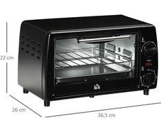 Elektrinė krosnelė HOMCOM mini orkaitė 10 litrų 750W maža elektrinė orkaitė su temperatūra iki 230 ℃, 60 minučių laikmatis, kepimo skarda ir grotelės 36,5x26x22 cm juoda
