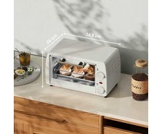 Elektrinė krosnelė HOMCOM mini orkaitė 10 litrų 750W maža elektrinė orkaitė su temperatūra iki 230 ℃, 60 minučių laikmačiu, kepimo skarda ir grotelėmis 36,5x26x22 cm, kreminė balta