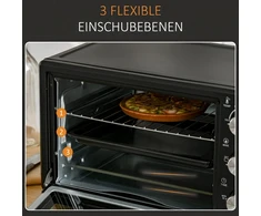 Elektrinė krosnelė HOMCOM mini orkaitė 21L, 3 gaminimo režimai, 100°C-230°C, 1400W, nerūdijantis plienas ir stiklas, juoda+sidabrinė, 46,4x38x28,5cm