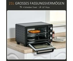 Gruzdintuvė HOMCOM Mini orkaitė 21L, 3 kepimo režimai, 100°C-230°C, 1400W, nerūdijantis plienas ir stiklas, juoda+sidabrinė, 46,4x38x28,5cm