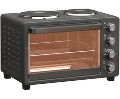 Elektrinė krosnelė HOMCOM mini orkaitė, 28 l, 2600 W, 100–230 °C, 60 min. laikmatis, su 2 kaitlentėmis, kepimo skarda ir grotelėmis, picų orkaitė su padėklu trupiniams ir skardos rankenėle, juoda