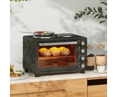 Gruzdintuvė HOMCOM Mini orkaitė 28 L 2600 W Mini orkaitė 100-230 ℃ 60 min. laikmatis, su 2 pašildymo plokštėmis, kepimo skardomis ir grotelėmis Krosnelė picai su trupinių dėže, dėklo rankena Juoda
