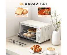 Elektrinė krosnelė HOMCOM mini orkaitė 9L, su kepimo skarda, grotelėmis, 100 °C-230 °C, reguliuojama temperatūra ir gaminimo laikas, 60 min. laikmatis, 750W, nerūdijantis plienas, kreminė balta