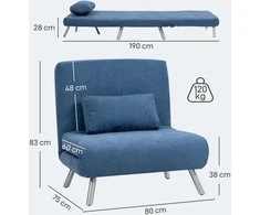 HOMCOM minkštas fotelis su miegamo funkcija, 2-in-1 dizainas, miegamasis fotelis, svečių lova, medžiaginis užvalkalas, su pagalvėle, mėlynas