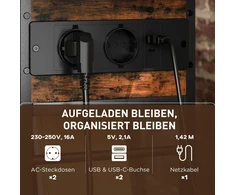 HOMCOM Pagalbinis staliukas Naktinis staliukas su elektros lizdu, 2 lentynomis, USB jungtimis, laikymo vieta 60 x 29,8 x 58,5 cm Ruda