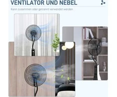HOMCOM pjedestalo ventiliatorius vandens 90W rūko ritinėliai 3L rezervuaras 3 lygių nuotolinio valdymo pultelis svyruojantis juodas