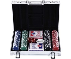 HOMCOM Pokerio dėklas 200 pokerio žetonų, 2 kortų pakuotės, 5 žaidimo kauliukai, aliuminio dėklas, polistirolas, 29,5x20,5x6,5 cm, skirtas žaidimų vakarams
