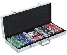 Homcom Pokerio rinkinys - 500 pokerio žetonų, 2x kortų pakuotė, 5x kauliukai, 1x aliuminio dėklas