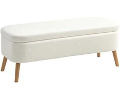 HOMCOM pufas, sėdimasis pufas su 65 L talpa, atrama kojoms, fliso audinys, kaučiuko mediena, putplastis, 120 x 42 x 45 cm, kreminės baltos spalvos