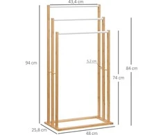 HOMCOM Rankšluosčių laikiklis Laisvai pastatomas rankšluosčių laikiklis su 3 strypais, bambukas, natūralus, 48x25.8x94cm