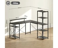HOMCOM rašomasis stalas, L formos kompiuterio stalas 137 x 140 x 139,5 cm kampinis stalas su 6 lentynomis, biuro stalas su monitoriaus stovu, USB, elektros lizdas, namų biurui, biurui, juodas