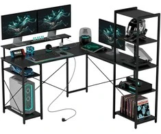 HOMCOM Rašomasis stalas, L formos kompiuterio stalas 137 x 140 x 139,5 cm Kampinis rašomasis stalas su 6 lentynomis, biuro rašomasis stalas su monitoriaus stovu, USB, kištukiniu lizdu, skirtas namų biurui, biurui, juodas