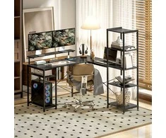 HOMCOM Rašomasis stalas, L formos kompiuterio stalas 137 x 140 x 139,5 cm Kampinis rašomasis stalas su 6 lentynomis, biuro rašomasis stalas su monitoriaus stovu, USB, kištukiniu lizdu, skirtas namų biurui, biurui, juodas