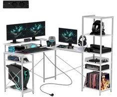 HOMCOM rašomasis stalas, L formos žaidimų stalas su lentyna, kompiuterio stalas su monitoriaus stovu, lizdu, USB įkrovimo prievadu kampinis stalas namų biurui, miegamajam, 137 x 140 x 139,5 cm baltas