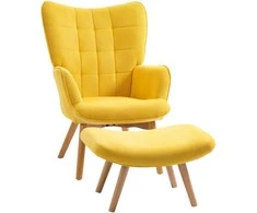 "HOMCOM recliner lounge chair" kėdė "wing chair" su taburete Fotelis su medinėmis kojomis, pagamintas iš geltonos spalvos laido