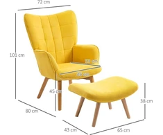 "HOMCOM recliner lounge chair" kėdė "wing chair" su taburete Fotelis su medinėmis kojomis, pagamintas iš geltonos spalvos laido