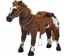 HOMCOM Riding Horse Play Horse Children Sound Standing Horse Plush Animal Metal Brown+Baltas 85x28x60cm