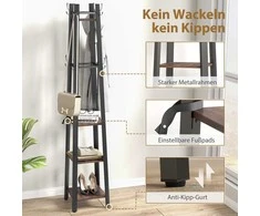 HOMCOM rūbų kabykla su 4 lentynomis, laisvai pastatoma drabužių kabykla, 8 kabliukai, 4 lentynos, industrinis stilius, metalas, medžio drožlių plokštė, ruda