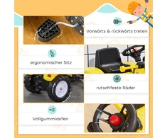 HOMCOM sėdimas ekskavatorius, vaikiškas traktorius su kaušu 3 metų vaikams, paspiriamas automobilis, 114x41x54 cm