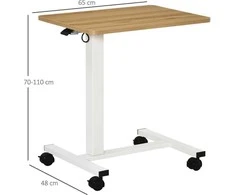 Reguliuojamo aukščio sėdimas ir stovimas stalas HOMCOM su ratukais, C formos, taupantis vietą, nešiojamojo kompiuterio stalas, natūralus + baltas, 70-110 cm, iki 70 kg