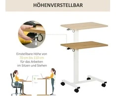 Reguliuojamo aukščio sėdimas ir stovimas stalas HOMCOM su ratukais, C formos, taupantis vietą, nešiojamojo kompiuterio stalas, natūralus + baltas, 70-110 cm, iki 70 kg