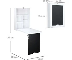 HOMCOM Sieninis rašomasis stalas Sulankstomas rašomasis stalas 5 skyriai Balta+juoda lenta 60x94.5x147cm