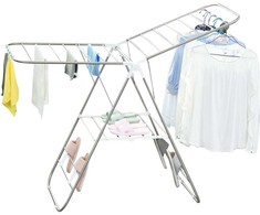 HOMCOM Skalbinių stovas sulankstomas nešiojamasis sparnų džiovintuvas teleskopiniai strypai iš nerūdijančio plieno plastiko sidabro+baltos spalvos 146x60,5x98cm