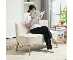 HOMCOM Sofa 2 vietų moderni sofa be porankių Minkšta velvetinė sofa, maža svetainės sofa su medinėmis kojomis, skirta svetainei, 117 x 56,5 x 77 cm, kreminės baltos spalvos