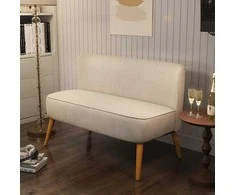 HOMCOM 2 vietų sofa, moderni sofa be porankių, paminkštinta, kordinės išvaizdos, maža svetainės sofa su medinėmis kojelėmis, 117 x 56,5 x 77 cm, kreminė balta