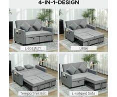 HOMCOM Sofa-lova, 2 vietų sofa su miegojimo funkcija, reguliuojamas atlošas, sofa su pagalvėlėmis, aksomo išvaizdos, L formos sofa-lova su lovos pagrindu, su ratukais, skirta svetainei, svečių kambariui, pilka
