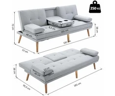 HOMCOM Sofa lova Patogi sofa lova, 3 sėdimos vietos, sofa lova, patalynė, šviesiai pilka, 181x77x72cm