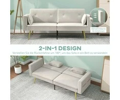 HOMCOM Sofa lova, sofa lova su reguliuojamu atlošu, šoninė kišenė, minkšta 2 vietų sofa lova su miegamąja funkcija, pagalvėlės, skirta svetainei, miegamajam, smėlio spalvos