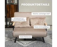 Homcom Sofa-lova, sulankstoma lova su lovos funkcija, reguliuojamas atlošas, 2 vietų minkšta sofa su minkštomis pagalvėlėmis, aksomo išvaizdos, skirta svetainei, miegamajam, šviesiai ruda