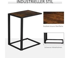HOMCOM C-formos šoninis staliukas, kavos staliukas, svetainės staliukas, metalinis, MDF, kaimiška ruda spalva, 40,6 x 50,8 x 64,2 cm
