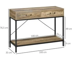 HOMCOM šoninis staliukas, konsolinis staliukas, prieškambario staliukas, 2 stalčiai, apatinė lentyna, vintažinis, rudas/juodas, 100 x 35 x 76,5 cm