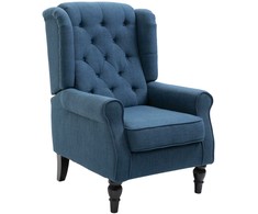 HOMCOM fotelis su „Tufting“ dekoru, aukštu atlošu, paminkštintas poilsio fotelis su užapvalintais porankiais, medinėmis kojelėmis, miegamajam, svetainei, iki 160 kg, mėlynas