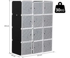 HOMCOM drabužių spinta DIY modulinė lentynų sistema, kubinė spinta su drabužių kabykla, PP, juoda + balta