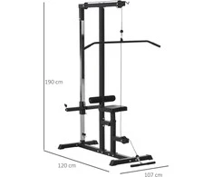 HOMCOM Stiprinimo stotis Daugiafunkcinė treniruoklių stotis su reguliuojama sėdyne ir skriemuliu, plieninė, juoda, 107x120x190 cm