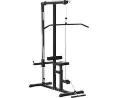 HOMCOM Stiprinimo stotis Daugiafunkcinė treniruoklių stotis su reguliuojama sėdyne ir skriemuliu, plieninė, juoda, 107x120x190 cm