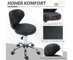 HOMCOM sukama masažinė taburetė - 360° pasukama darbo taburetė - reguliuojamo aukščio sėdynė 49-64H cm, ergonomiškas atlošas - chromuotas metalas su juodos odos imitacijos apmušalu