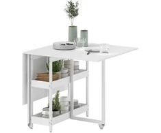 HOMCOM Sulankstomas valgomojo stalas, virtuvinis stalas 2–4 asmenims su 2 atviromis lentynomis, mobilus valgomojo stalas mažoms erdvėms, valgomasis, virtuvė 133,4 x 80 x 75 cm, baltas