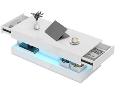 HOMCOM svetainės staliukas su stalčiais ir LED apšvietimu, modernus svetainės staliukas su atvira lentyna, kavos staliukas, medžio drožlių plokštė, balta