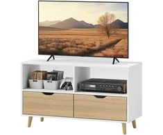 "HOMCOM" televizoriaus spintelė su 2 lentynomis ir stalčiumi, 99 cm ilgio TV staliukas televizoriui, televizoriaus lenta svetainėje, balta