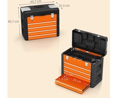 HOMCOM tuščia įrankių dėžė, 49,7 x 25,3 x 40,7 cm, su 4 stalčiais, mini dėžė, viršutinis skyrius, rankena, plieninė įrankių dėžė, oranžinė