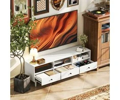 HOMCOM TV spintelė TV lenta su stalčiais, 3 atviri skyriai 140 cm ilgio TV lenta su kabelių valdymu, skirta televizoriams iki 75 colių TV staliukas svetainėje, baltas 140x34x45cm